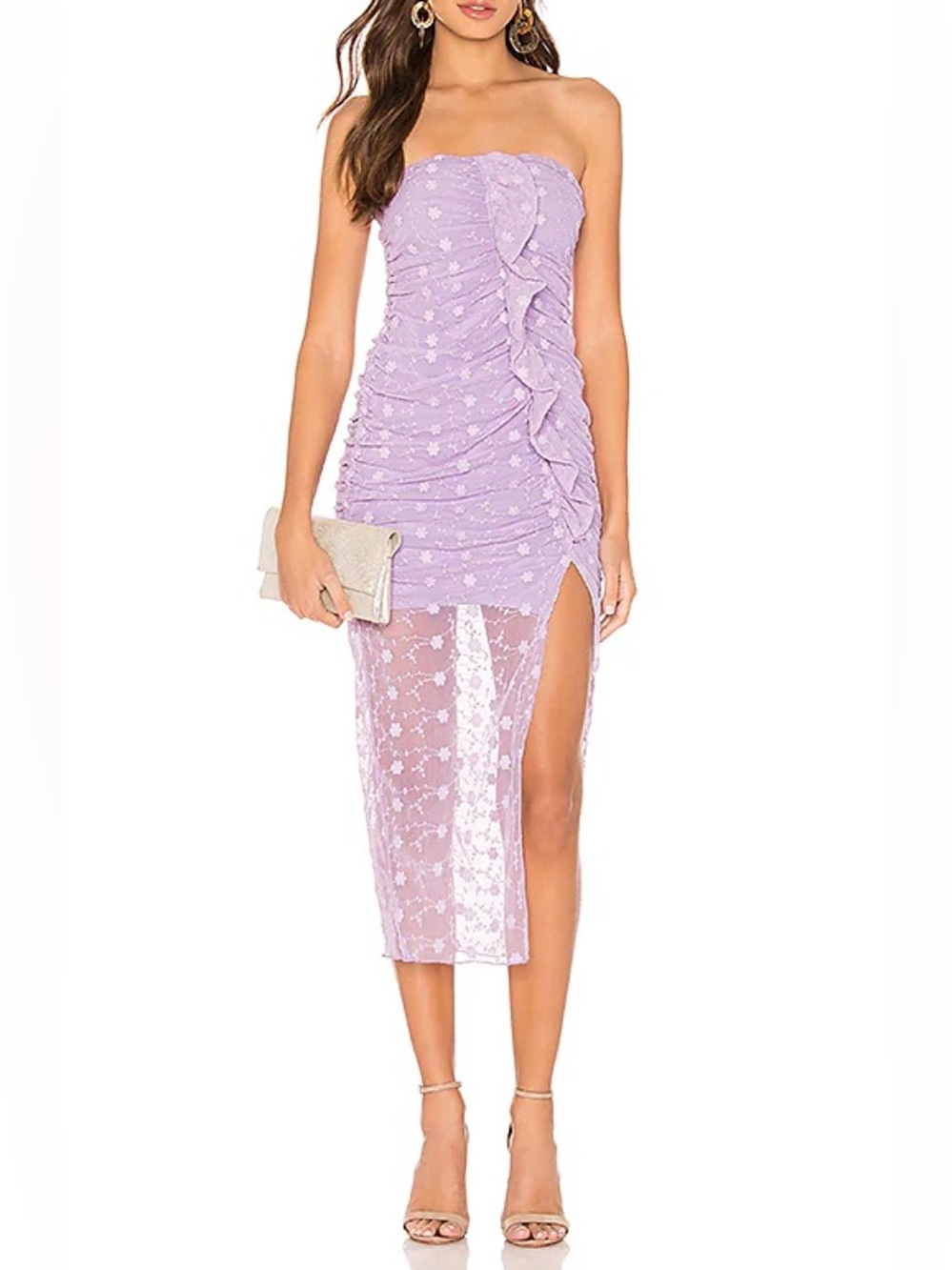 MAJORELLE Brady Dress Amethyst Purple Strapless Ruched Mini Mesh High Low Midi